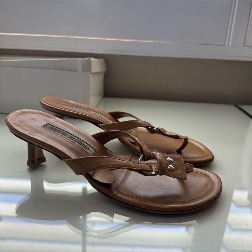 Manolo Blahnik Thong Kitten Heel Sandal.